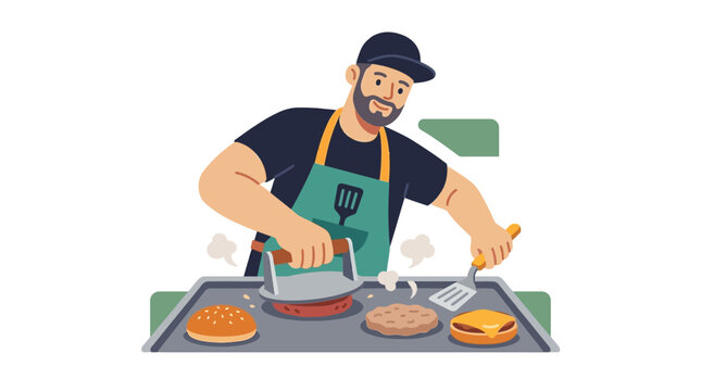 Man grilling burgers on flat top grill, cooking fast food, making hamburgers