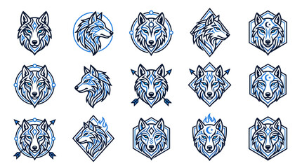 Geometric wolf head icons with intricate border frames. © Septi