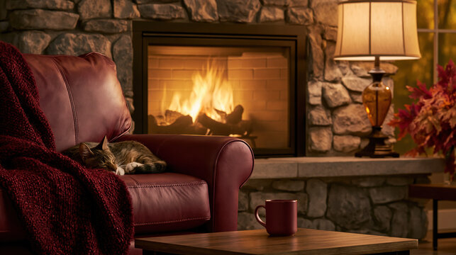 Cat Napping by a Cozy Fireplace