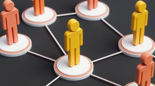 Abstract model shows interconnected people within network structure. Yellow figure stands central among orange figures linked by lines. Illustrates teamwork collaboration hierarchy management