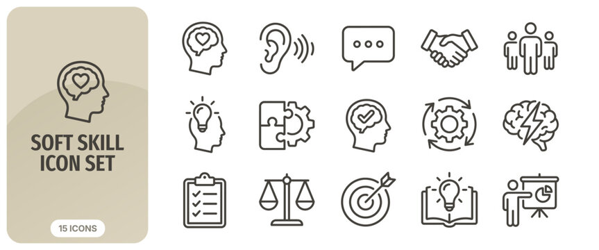 Soft skill icon set, including communication, teamwork, leadership, problem solving, emotional intelligence, critical thinking, and professional development icons