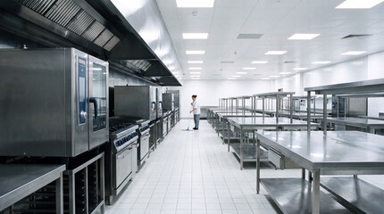 Obraz premium Wide angle shot of empty commercial kitchen interior with stainless steel equipment