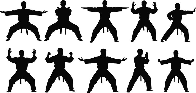 Karate martial arts silhouette collection, cad drawing flat vector illustration, flavector set of male fighters in various kata defensive poses.