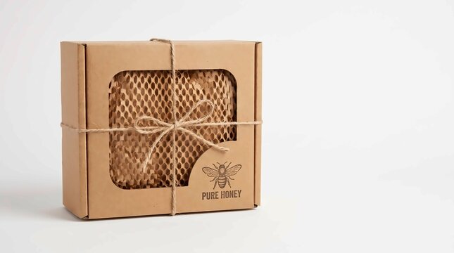 Cardboard box for pure honey packaged with brown paper mesh and tied with natural twine