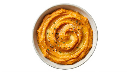 Fototapeta premium Delicious sweet potato mash with herbs and oil in a bowl transparent background