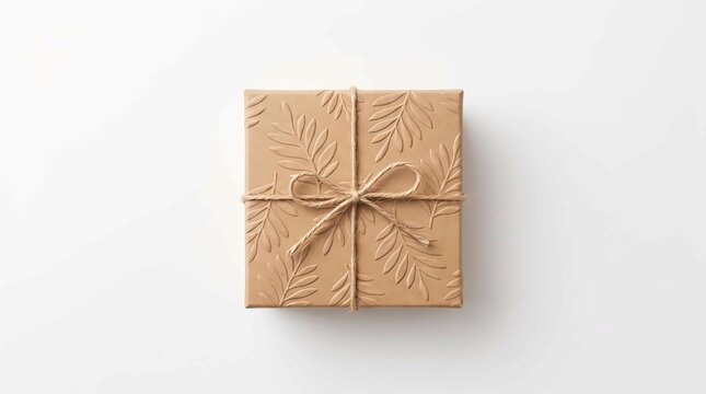 Square brown gift box wrapped in textured leaf paper with a natural jute twine bow