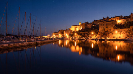 Obraz premium Nighttime Harbor Reflections with City Lights