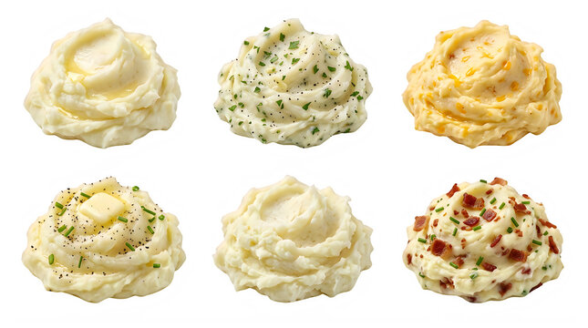 Variety of delicious mashed potatoes with different toppings and ingredients  food transparent background