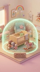 Naklejka premium Stylized 3D nursery room with crib and toys inside glowing protective dome. Concept for safe and healthy environment for infants. Perfect for baby care branding and healthy home advertising.