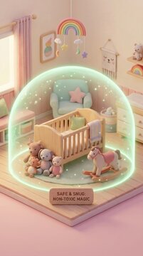 Stylized 3D nursery room with crib and toys inside glowing protective dome. Concept for safe and healthy environment for infants. Perfect for baby care branding and healthy home advertising.