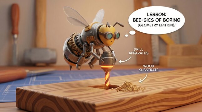 A 3D rendered mechanical bee uses a glowing drill to create a square hole in a wooden board. Whimsical steampunk workshop theme with humorous educational text. Ideal for creative projects.