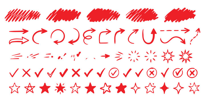 Set of hand drawn red arrows stars check marks and doodle scribbles for design