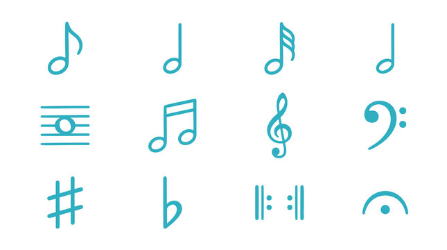 Teal music theory and notation outline symbols.