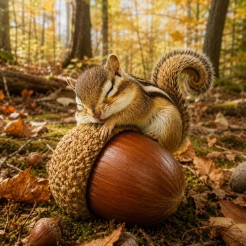 Cute chipmunk sleeping on a big acorn
