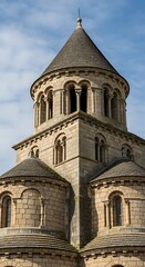 Fototapeta premium Historic Church Tower with Conical Roof and Architectural Details.