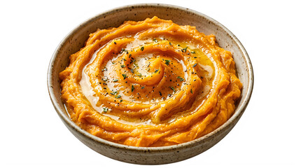 Fototapeta premium A bowl of mashed sweet potatoes with herbs on top transparent background