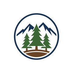 Fototapeta premium Mountain range and pine trees circular logo badge.