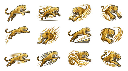 Golden cheetah icons with speed motion lines. © Ilmy