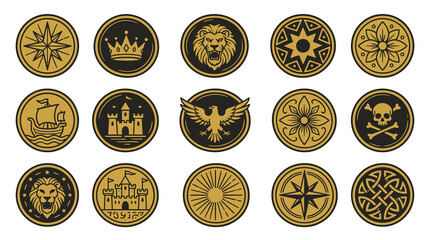Gold medieval coin icons with fantasy symbols. © Ilmy
