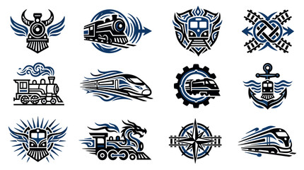 Graphic train and nautical emblem icons for branding. © Ilmy