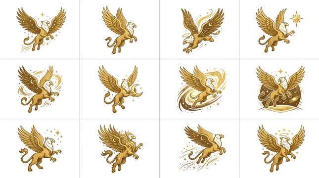 Gold griffon mascot illustrations in dynamic poses.