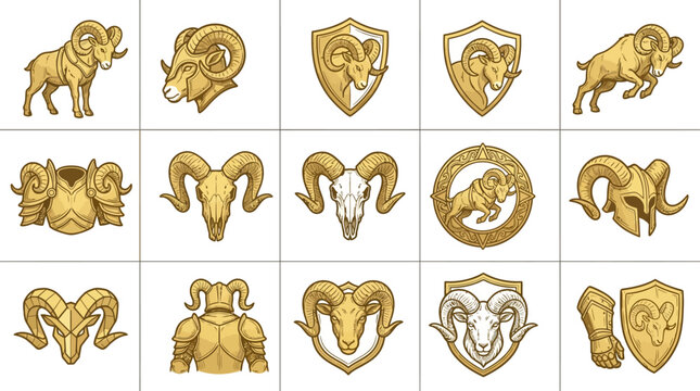 Gold ram head icons and warrior armor emblems.