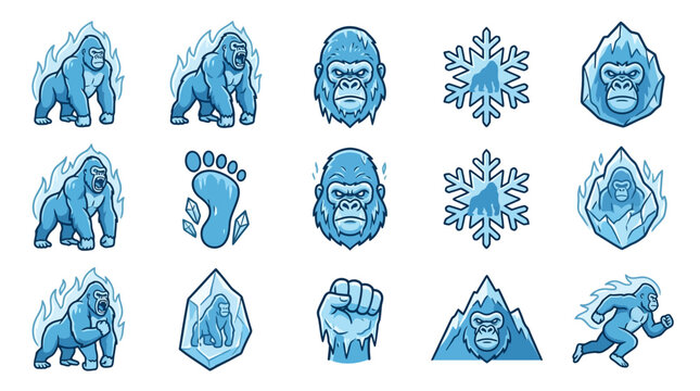 Gorilla and ice snowflake icon collection