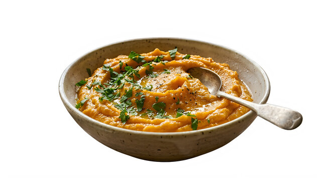 Delicious mashed sweet potato with herbs and spoon in bowl transparent background
