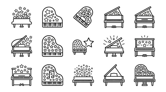 Grand piano icons featuring musical notes and stars.