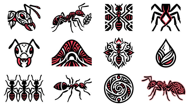 Graphic ant mascot logo set in black and red.
