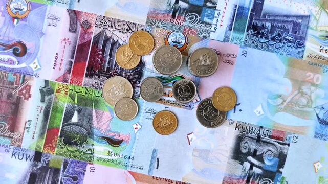 Kuwait paper money, dinar banknotes as currency for exchange or travel. Kuwaiti money as a business background