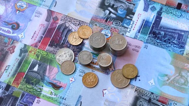 Kuwait paper money, dinar banknotes as currency for exchange or travel. Kuwaiti money as a business background