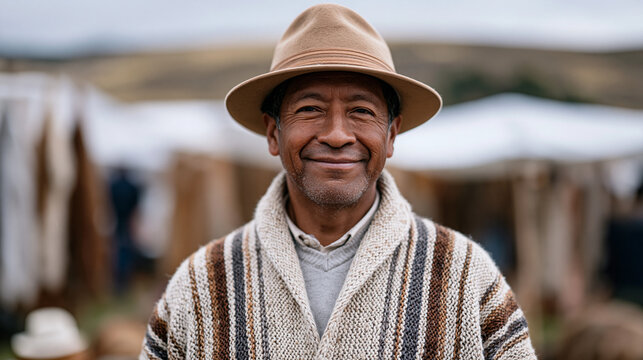 Peruvian man in his fifties selling handmade goods at a weekend market after leaving corporate management, wide environmental establishing view, harvest festival backdrop, midlife