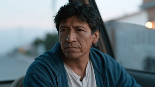 Peruvian man in his forties sits in a car outside his childhood home he no longer enters, cultural family estrangement visible in his fixed expression through the windshield,