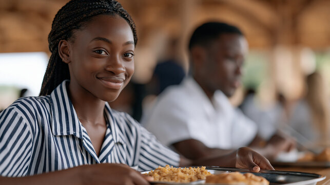 Ghanaian teenage girl at a school cafeteria table slides her lunch tray toward a classmate eating alone, spontaneous act of inclusion, both looking surprised and then smiling,