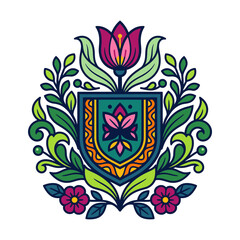 Fototapeta premium Colorful floral shield emblem with botanical elements.