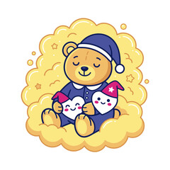 Naklejka premium Cute bear on cloud holding heart tooth pillows.