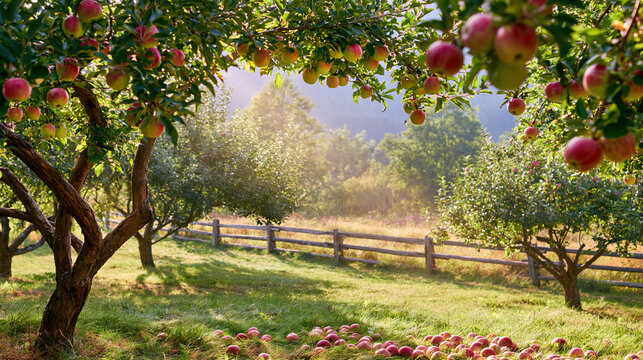 Abundant apple orchard with ripe fruit under bright sunlight