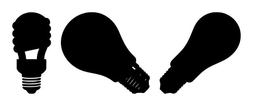LED bulb icon set with solid black silhouette on white background featuring energy efficient, low wattage and LED lighting with minimalist design and circuitry