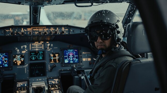 Focused pilot sits inside jet cockpit. Rain streaks windshield obscuring outside view. Man wears helmet goggles, monitors glow behind. Professional prepares aircraft for flight amid adverse weather.