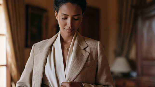Ethiopian woman with rheumatoid arthritis slowly buttoning her blazer before a work meeting, knuckles visibly swollen, jaw set with quiet resolve, warm bedroom light falling