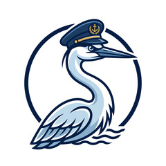 Fototapeta premium Nautical crane mascot bird over ocean water waves.