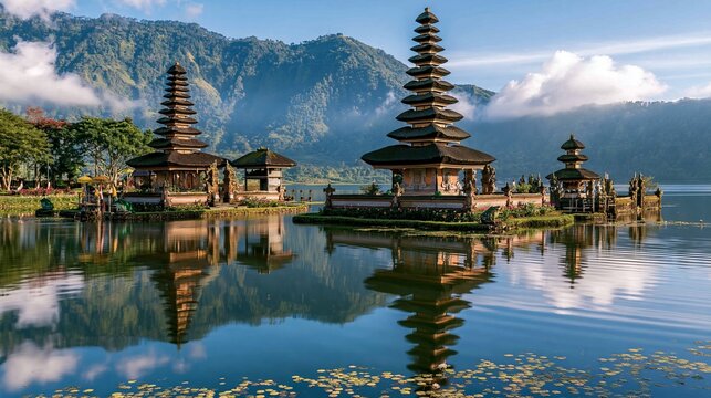 Temple at Lake Bratan in Bali is a key Balinese landmark.