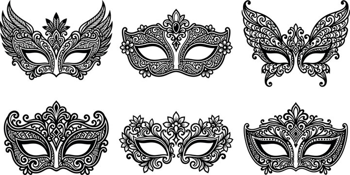 Elegant venetian masks collection black and white line art isolated on transparent background 