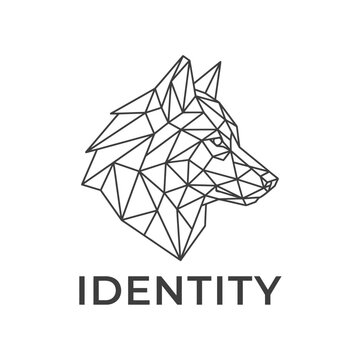 Geometric low poly wolf head logo in black lines.
