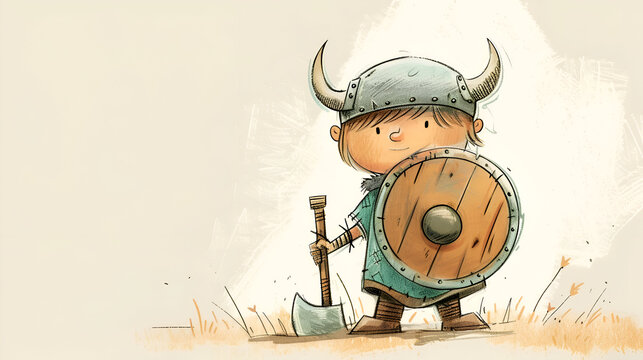 Cartoon viking child with helmet and shield in nordic adventure scene