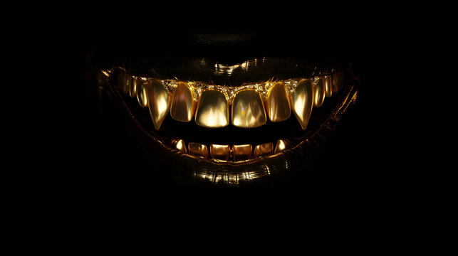 Gold fanged smile in darkness