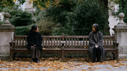 Fototapeta premium Vietnamese two women sit on opposite ends of the same park bench, one quietly crying, one handing over a tissue without words, strangers sharing a moment of unexpected kindness,
