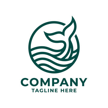 Minimalist whale tail circle logo with waves.