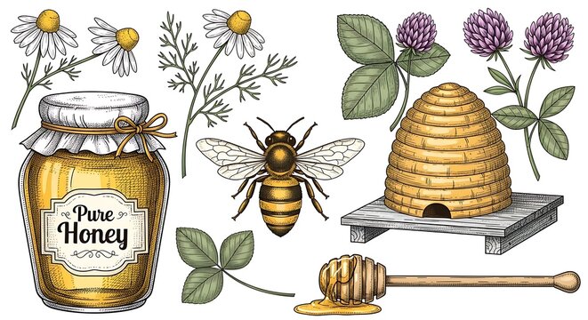 Natural Honey Bee and Beehive Illustration with Flowers.